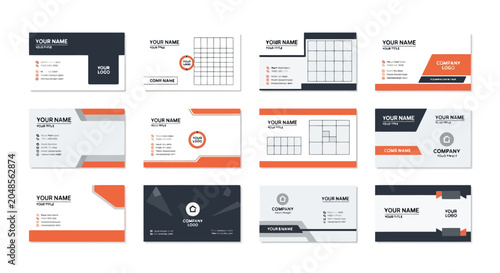 A collection of twelve modern and professional business card design templates featuring various layouts, color schemes, and contact information placeholders.
