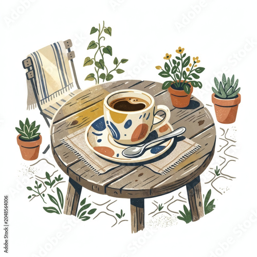 Cozy Coffee Table Setting With A Cup Of Coffee, Potted Plants, And A Peaceful Vibe.
