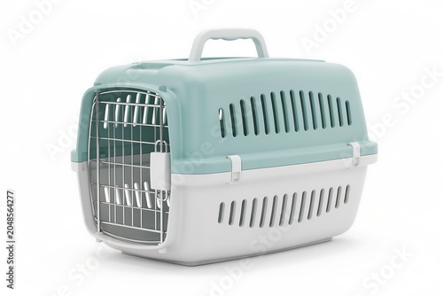 Small pet travel carrier with green top and white bottom and metal door