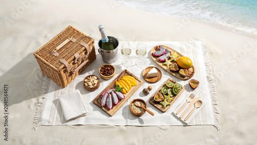 Picnic setup on a beach with food and drink on a blanket by the ocean shore