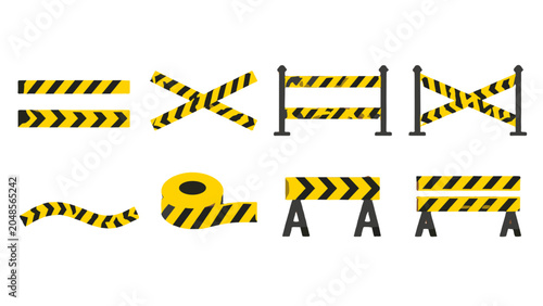 Photos Set of yellow and black striped barricades and caution tape