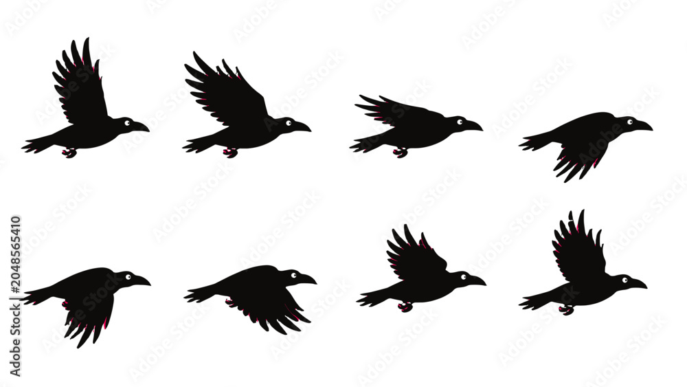 Obraz premium Set of black crow silhouettes in different flying poses