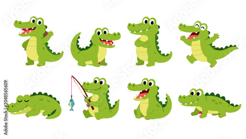 Set of cute cartoon crocodile characters in different poses