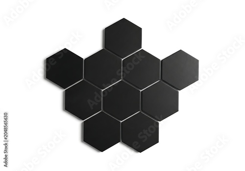 Group of black hexagon tiles arranged in a geometric honeycomb pattern