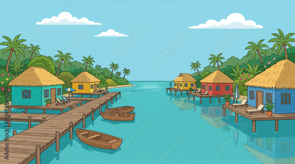 Fototapeta premium Cartoon vector illustration of beautiful coastal lagoon with wooden piers, calm water, surrounding vegetation, colorful tourism atmosphere