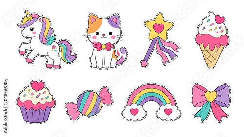 Foto Cute pastel sticker set with unicorn cat rainbow and sweets