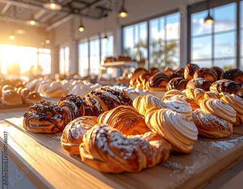 A tray of assorted sweet pastries on a wooden surface in a bakery