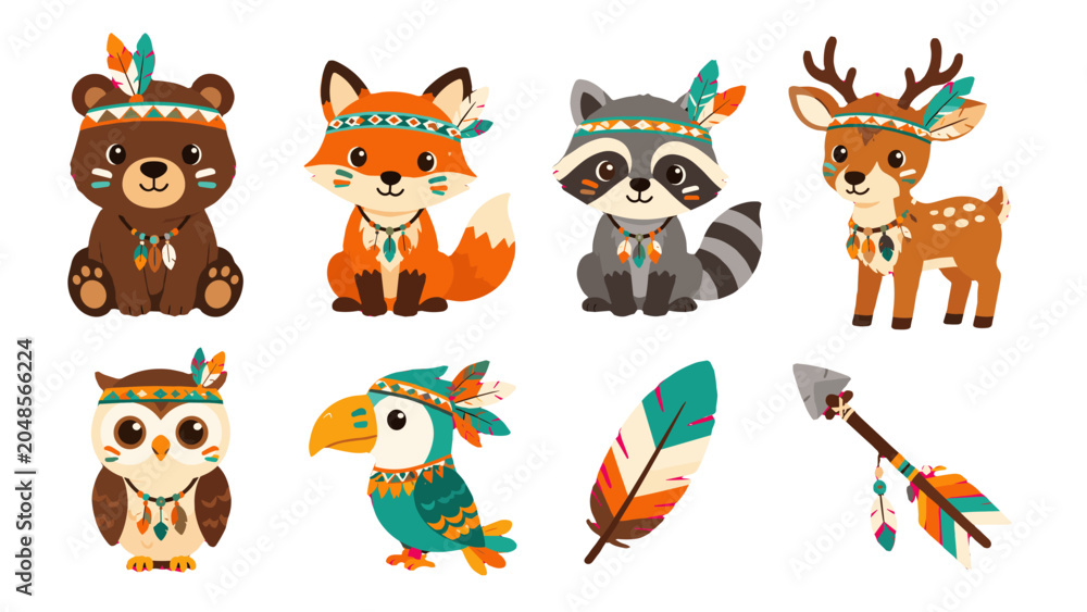 Fototapeta premium Cute woodland animals with feathers in cartoon vector set