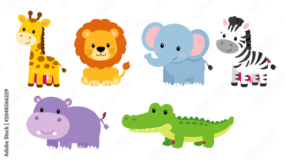 Fototapeta premium Cute cartoon safari and zoo animals vector set on white