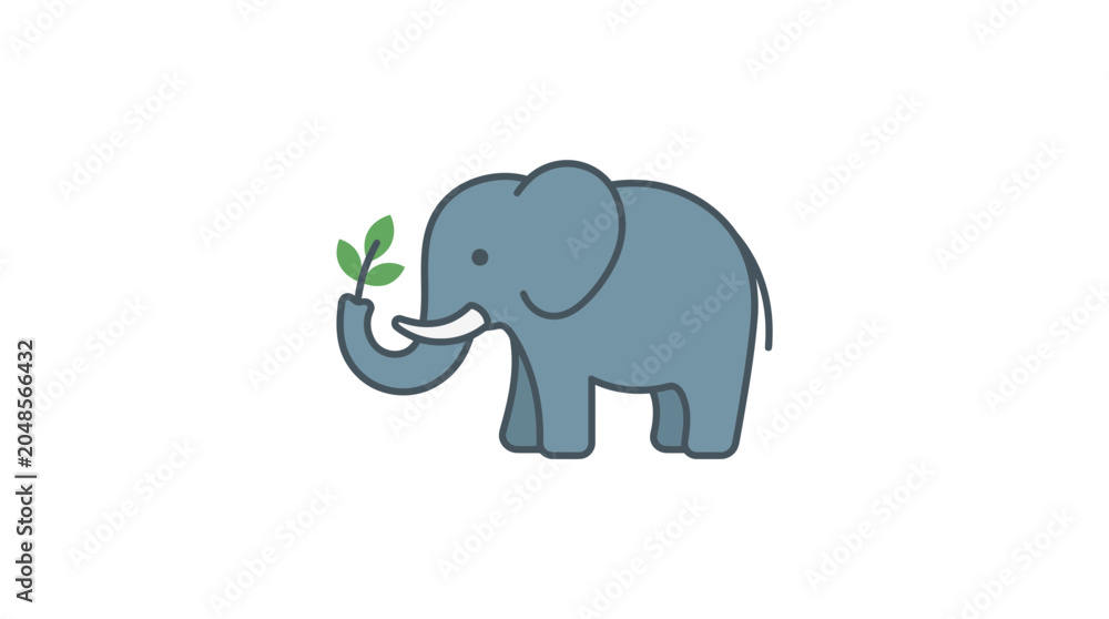 Fototapeta premium Cute cartoon elephant holding leafy branch illustration