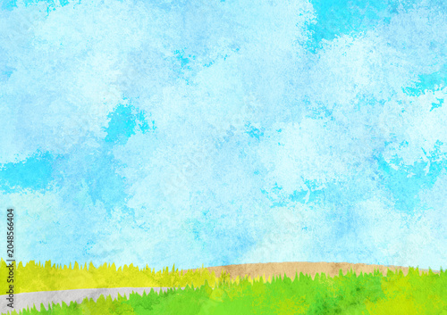 爽やかな青空と草原の水彩風風景イラスト