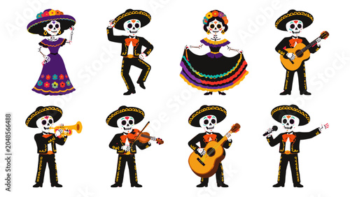 Fotografie Set of skeleton mariachi characters in traditional costume