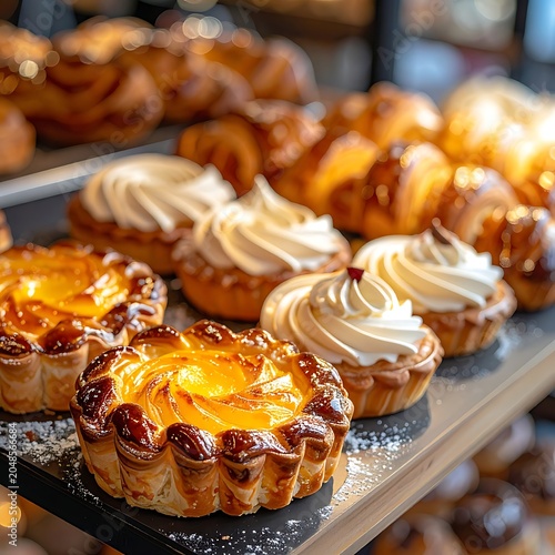 A tray of assorted tarts and pastries on a bakery display