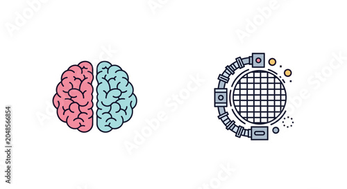 Comparison between a natural human brain and a high-tech mechanical or digital brain counterpart representing AI.