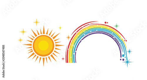 Colorful rainbow arch and a bright yellow sun with many rays are decorated with small stars and sparkles on a plain white background.
