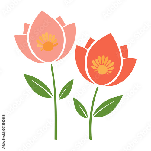Two stylized flowers with green leaves on white background