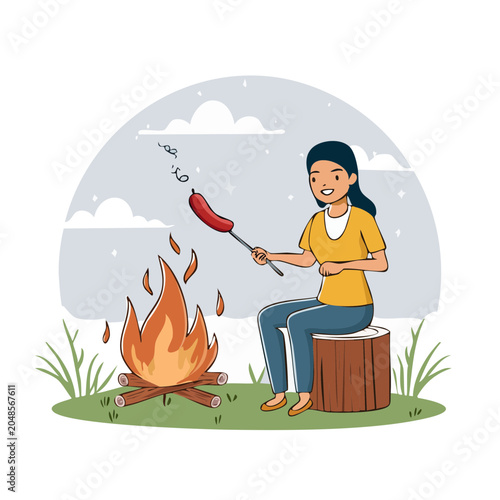 Woman cooking sausage over campfire