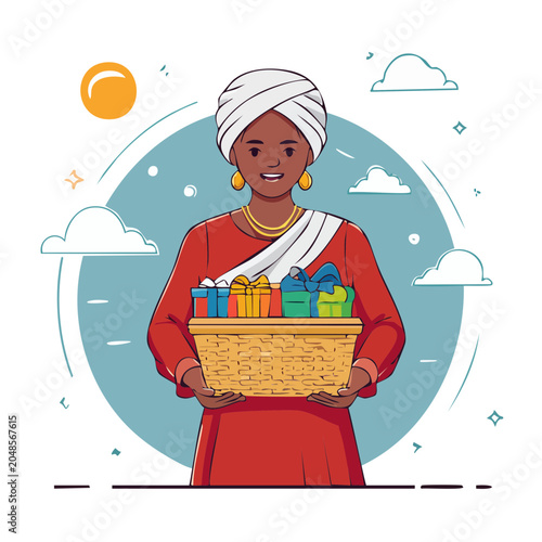 Woman in traditional attire holding a basket of gifts