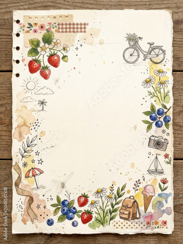 Charming Illustrated Paper With Strawberries, Daisies, And A Bike In A Delightful Border Design.