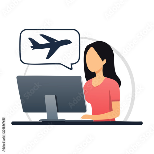 Woman planning travel on computer with airplane icon