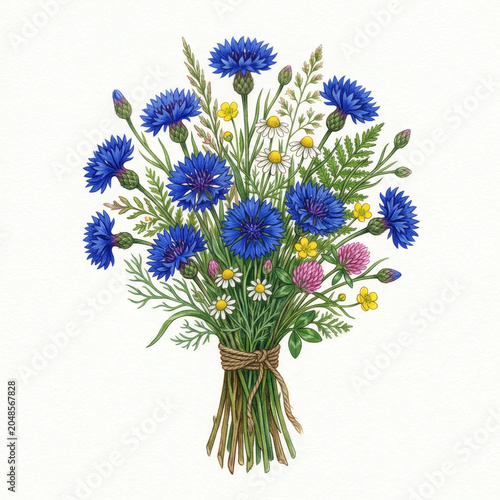 Beautiful Bouquet Of Vibrant Blue Cornflowers With Various Wildflowers Tied Together Elegantly.