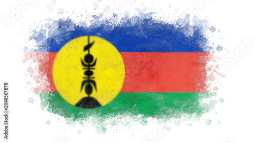 Foto The flag of New Caledonia, presented as a watercolor painting with horizontal stripes and a central yellow disk featuring indigenous symbols, on a white background