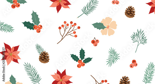 Festive seamless pattern featuring winter botanical elements like poinsettias, pine cones, holly leaves, and red berries on a white background.