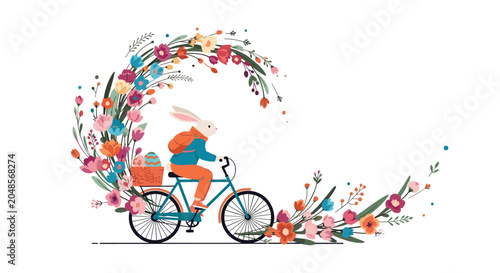 Adorable bunny riding a bicycle carrying easter eggs surrounded by a large colorful floral wreath for spring celebration on white background.