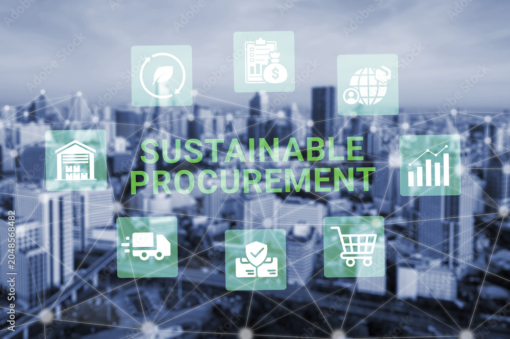 Fototapeta premium A modern cityscape serves as a backdrop for digital icons emphasizing the importance of sustainable procurement practices in business and the value of eco-friendly initiatives. Ledger