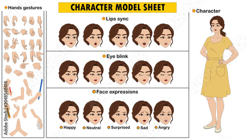 Woman Character Model Sheet in Yellow Dress with Face Expressions Lip Sync and Hand Gestures Vector Illustration