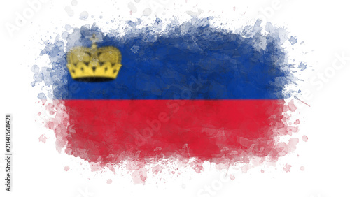 Photos The flag of Liechtenstein is depicted with a watercolor splash effect, showcasing its horizontal bicolor of blue and red, with a golden crown positioned in the upper hoist corner
