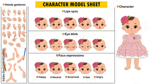 Cute Baby Girl Character Model Sheet in Pink Dress with Face Expressions and Hand Gestures Vector Illustration