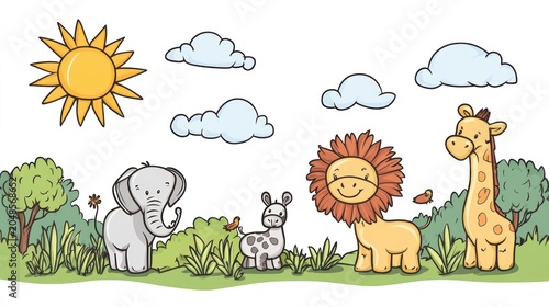 Cartoon animals stand under a sunny sky and puffy clouds in a grassy scene