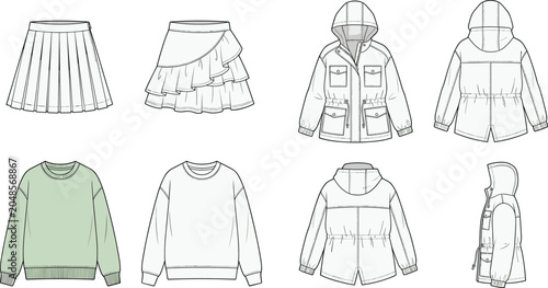 Bild auf Leinwand Women fashion clothing apparel collection technical sketch vector illustration f