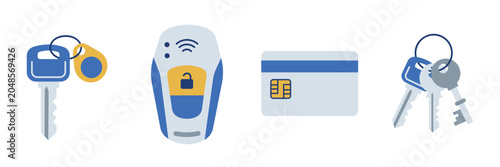 Fotografi Access Control and Security Flat Icon Set Featuring Door Key RFID Fob Car Smart
