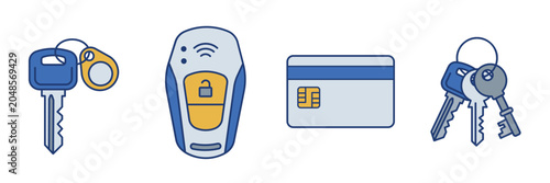 Schilderij op canvas Access Control and Security Outline Icon Set Featuring Door Key RFID Fob Car Sma