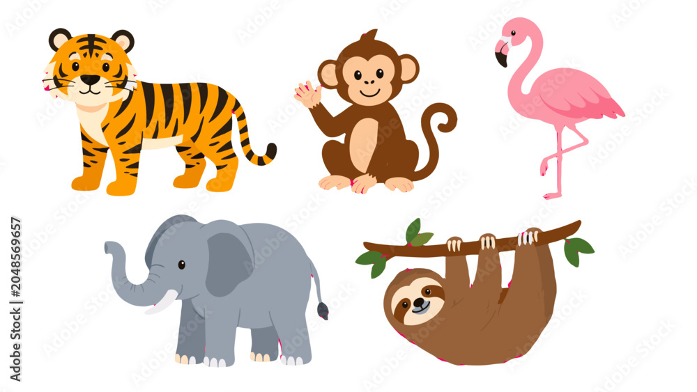 Obraz premium Cute cartoon wild animals set with tiger monkey flamingo