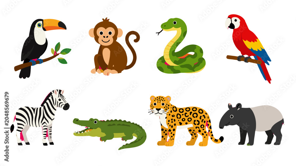Obraz premium Cartoon jungle and wild animals vector set on white background