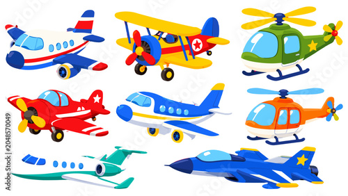 Photos Cartoon aircraft set with airplanes and helicopters