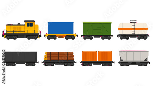 Bild auf Leinwand Set of colorful freight train cars and locomotive vector