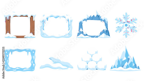 Photos Winter themed cartoon frames, snowflakes, snowdrifts and ice