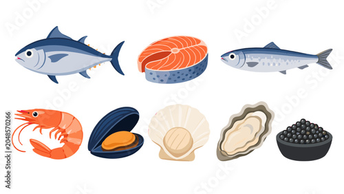 Schilderij op canvas Seafood icons set with fish, shellfish, salmon, oyster and roe