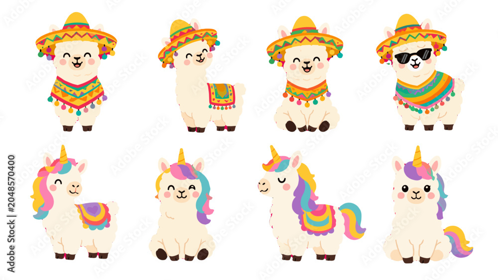 Naklejka premium Cute llama and alpaca cartoon set with sombreros and unicorn horns