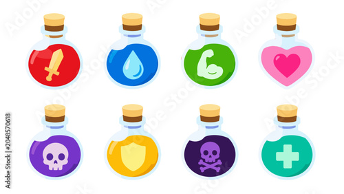 Obraz na płótnie Set of colorful game potion bottles with fantasy icons