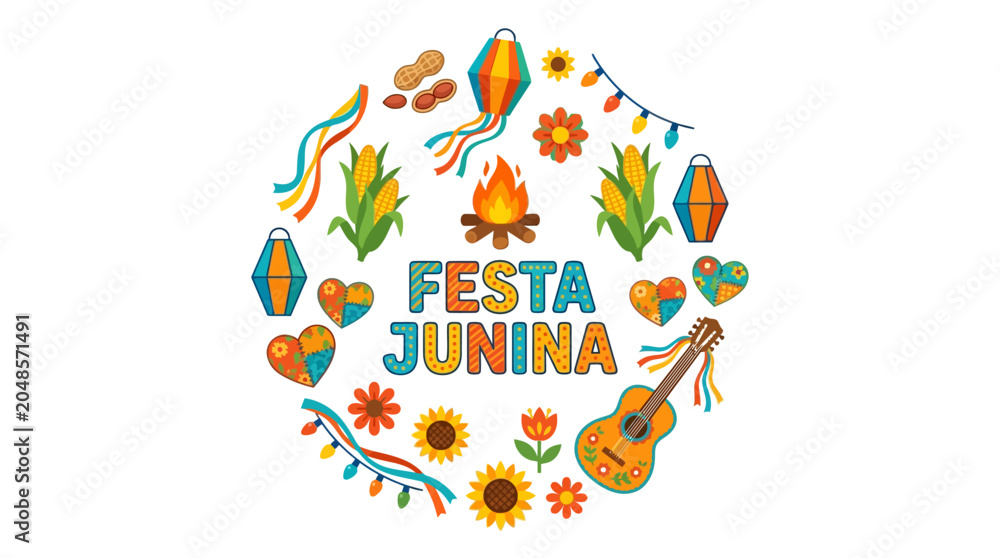 Naklejka premium Vibrant Festa Junina celebration with lanterns, flowers, and guitar, surrounded by bonfire and ribbons outdoors.