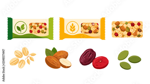 Konstfotografi Granola bars with nuts seeds and dried fruit vector set