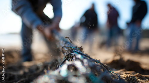Close-up of weathered hands lifting a tangled discarded fishing net from sandy ground with blurred cleanup volunteers behind in crisp daylight