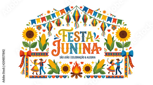 Vibrant Festa Junina festival celebration backdrop with colorful decorations and joyful people dancing