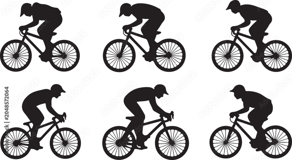Obraz premium Set of silhouettes of cyclists riding bicycles in different positions