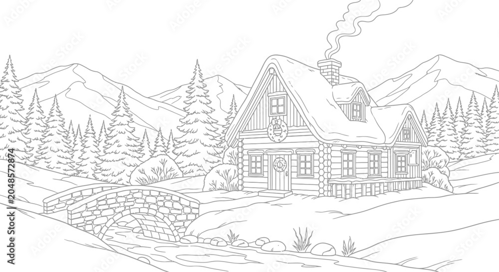 Obraz premium Winter cabin landscape outline illustration with stone bridge and mountain backdrop